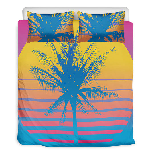 Retrowave Sunset Palm Tree Print Duvet Cover Bedding Set