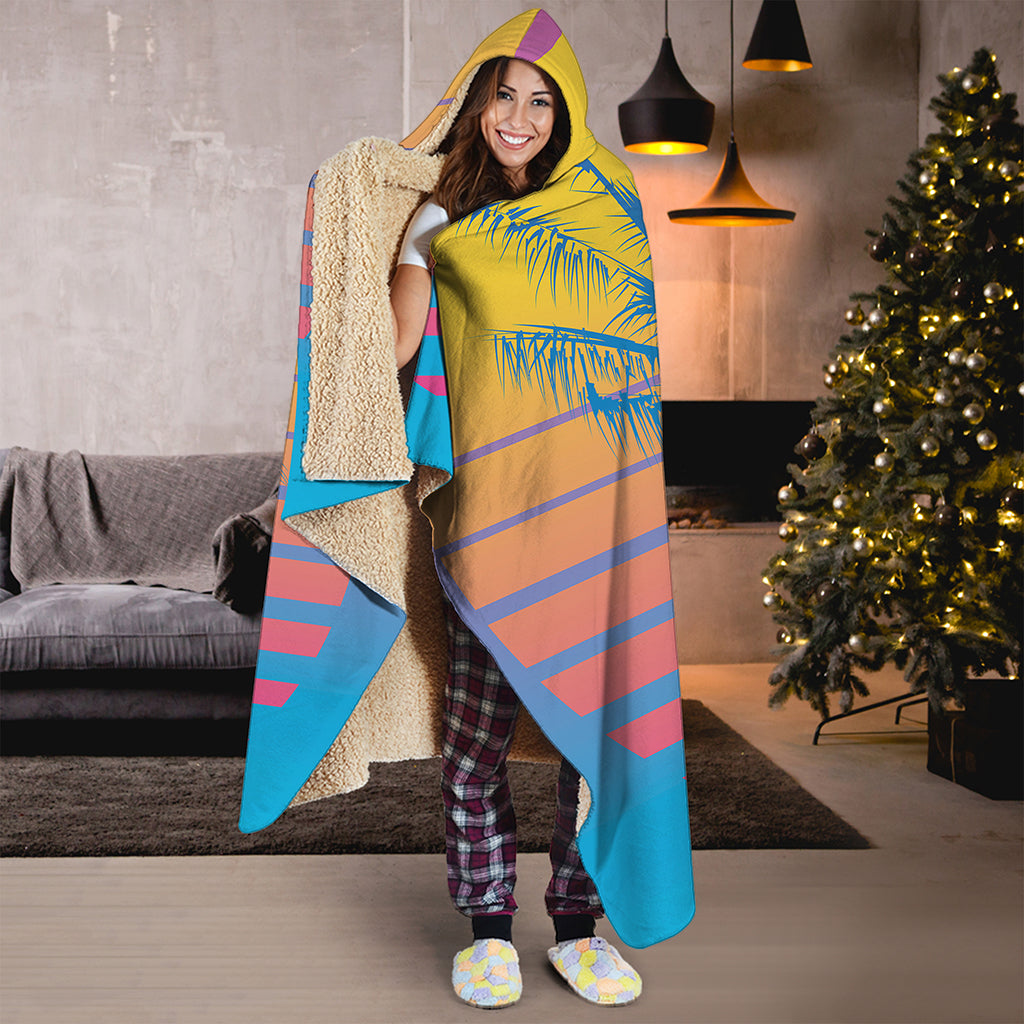 Retrowave Sunset Palm Tree Print Hooded Blanket