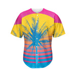 Retrowave Sunset Palm Tree Print Men's Baseball Jersey