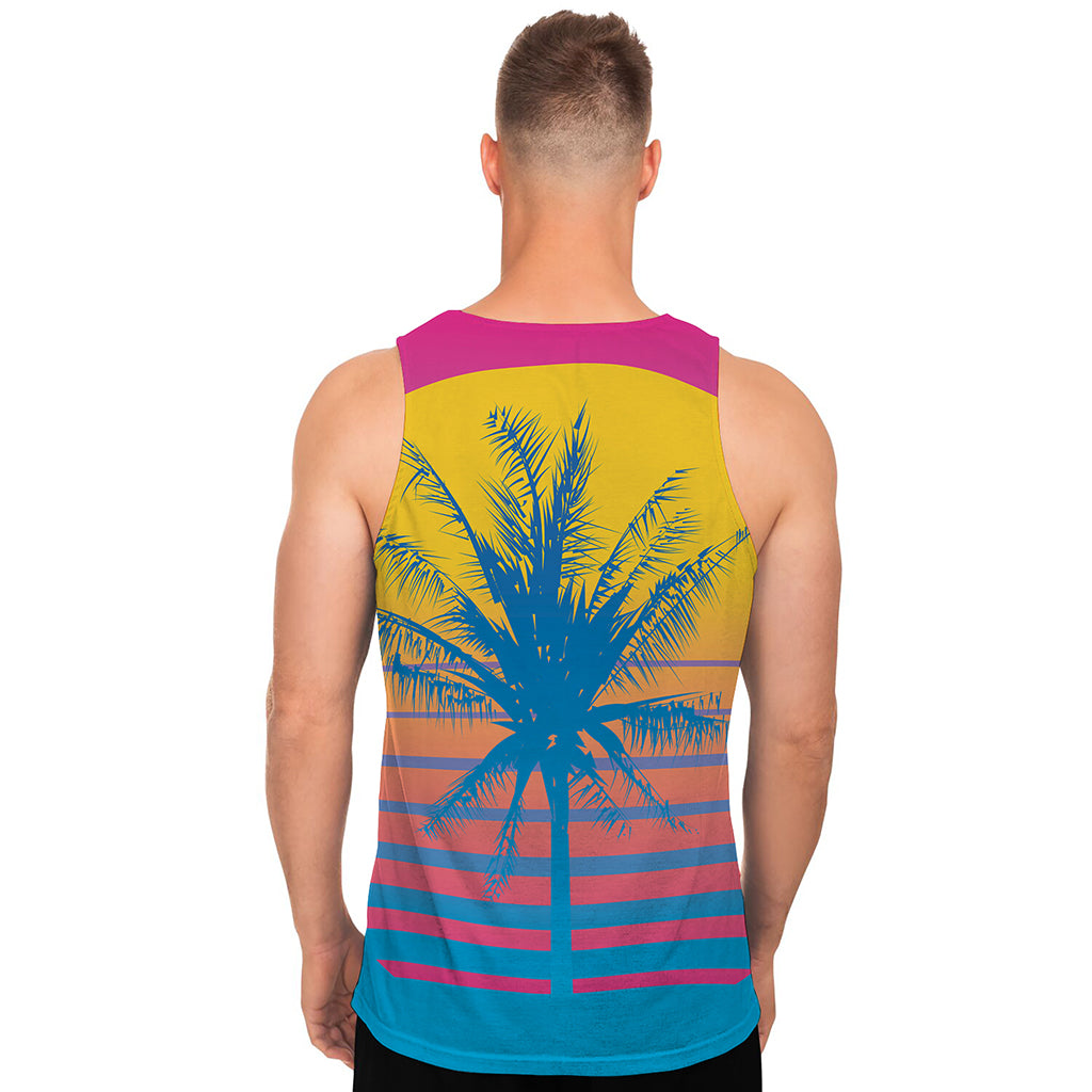 Retrowave Sunset Palm Tree Print Men's Tank Top