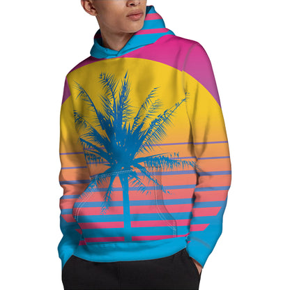 Retrowave Sunset Palm Tree Print Pullover Hoodie
