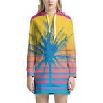 Retrowave Sunset Palm Tree Print Pullover Hoodie Dress