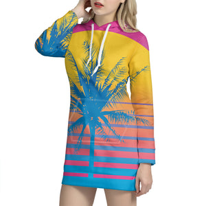 Retrowave Sunset Palm Tree Print Pullover Hoodie Dress