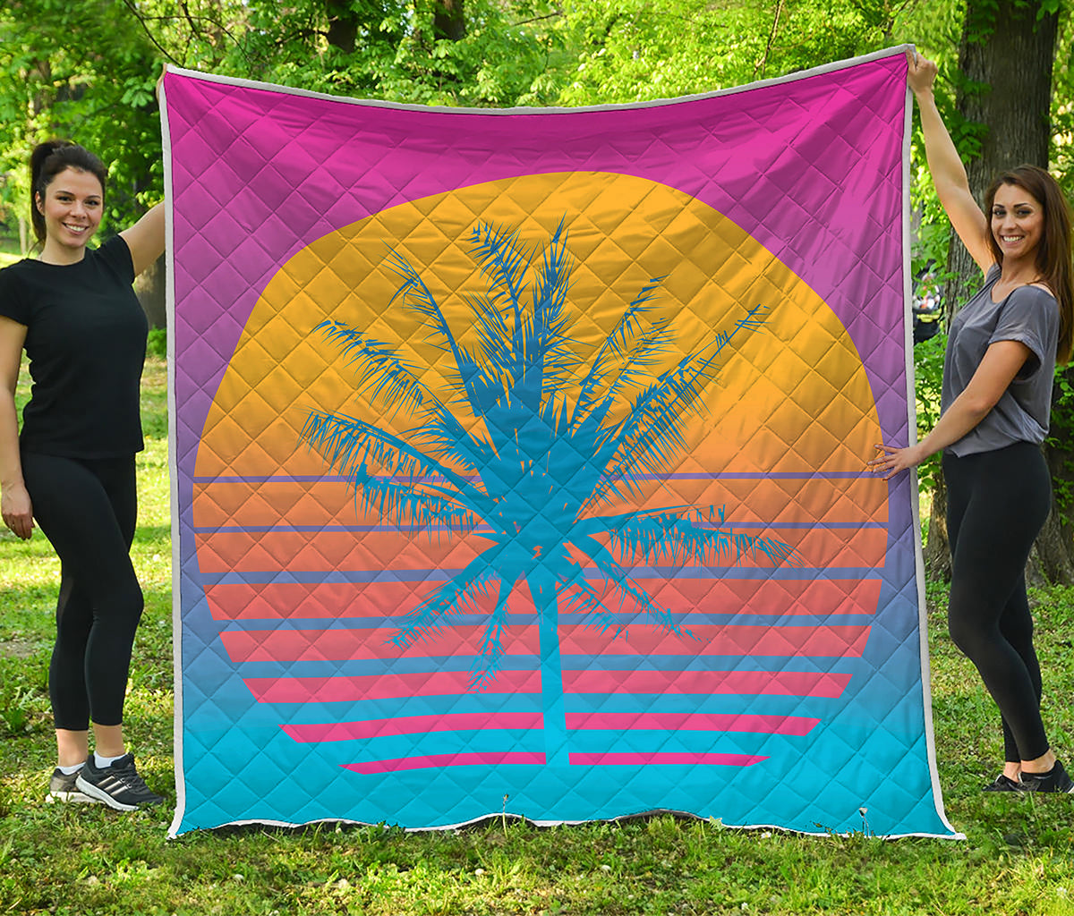 Retrowave Sunset Palm Tree Print Quilt