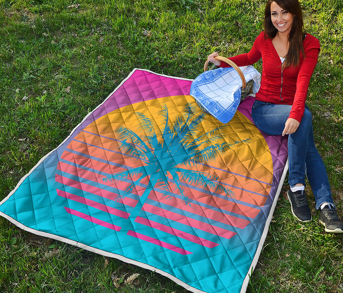 Retrowave Sunset Palm Tree Print Quilt