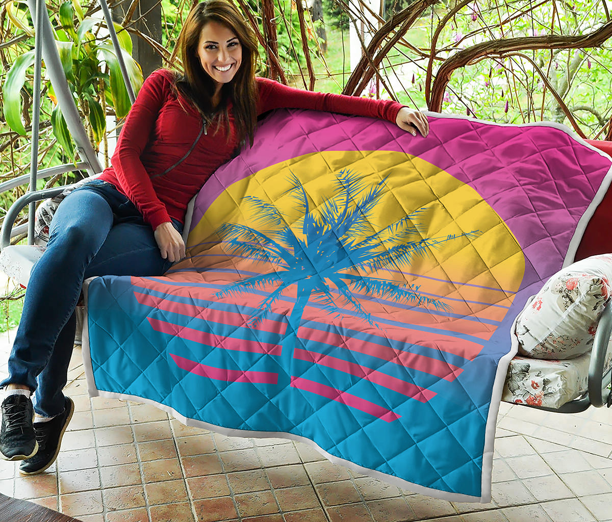 Retrowave Sunset Palm Tree Print Quilt