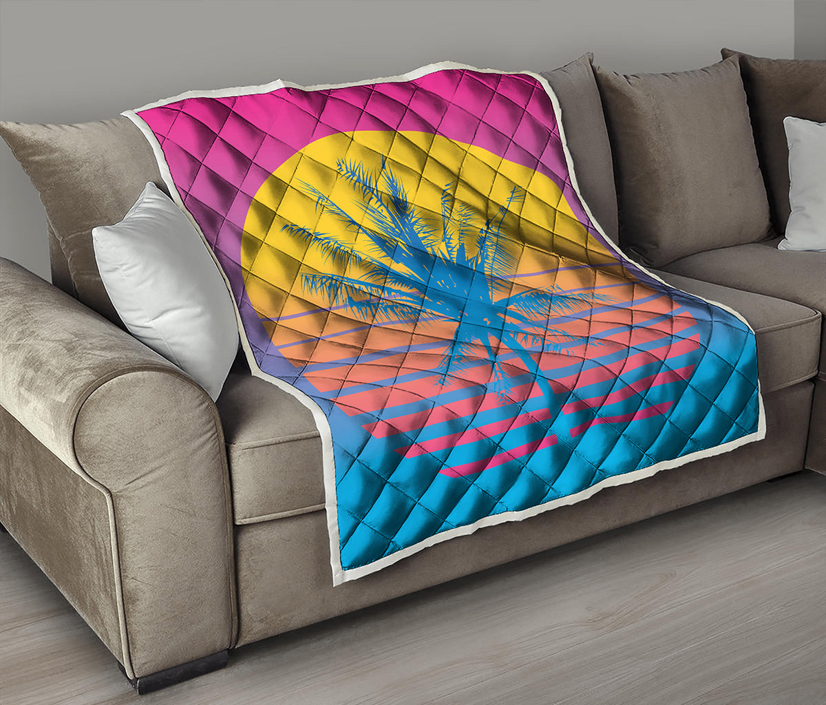 Retrowave Sunset Palm Tree Print Quilt