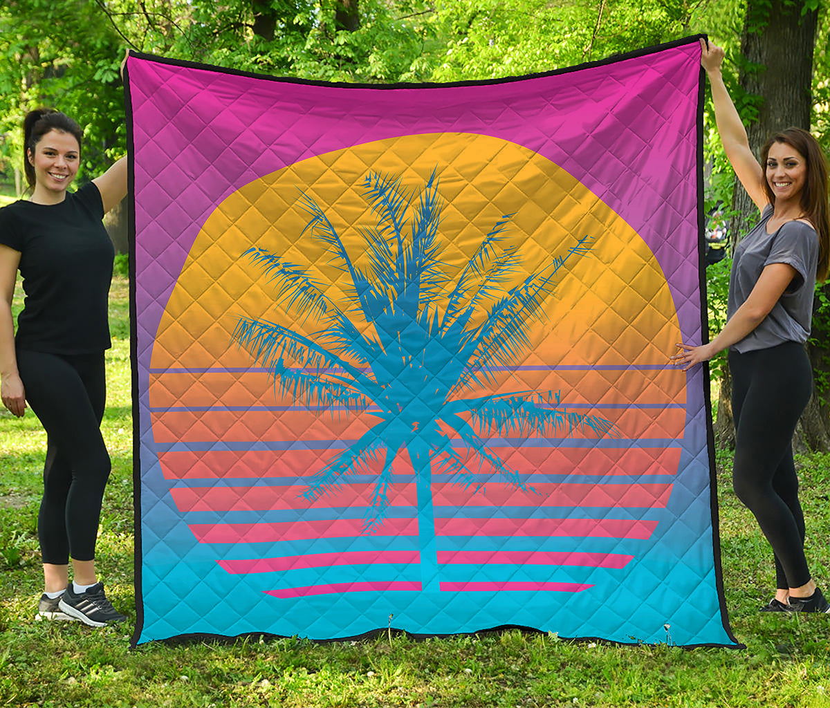 Retrowave Sunset Palm Tree Print Quilt