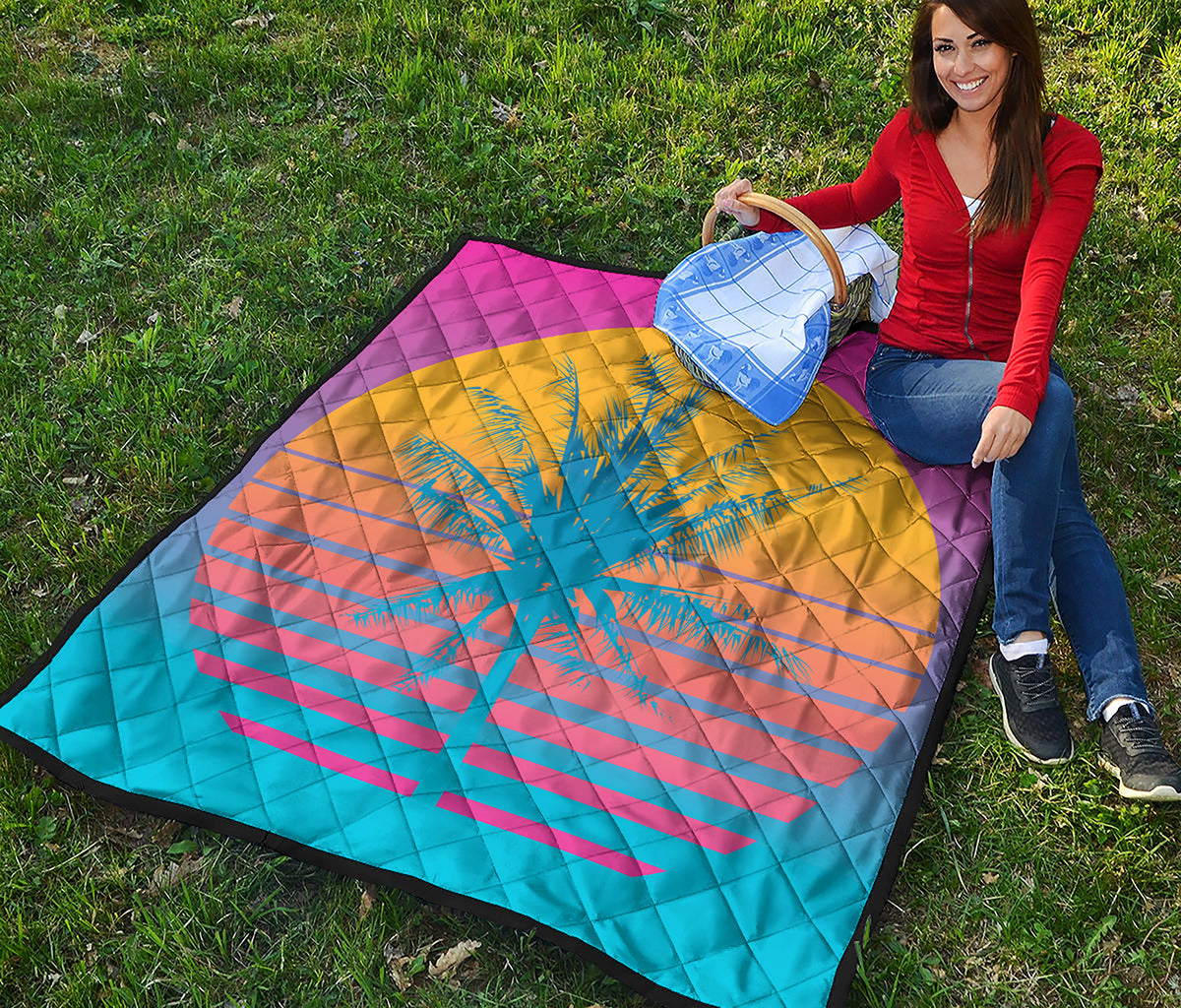 Retrowave Sunset Palm Tree Print Quilt