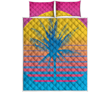 Retrowave Sunset Palm Tree Print Quilt Bed Set