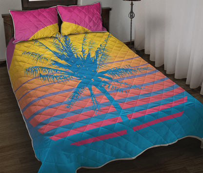 Retrowave Sunset Palm Tree Print Quilt Bed Set
