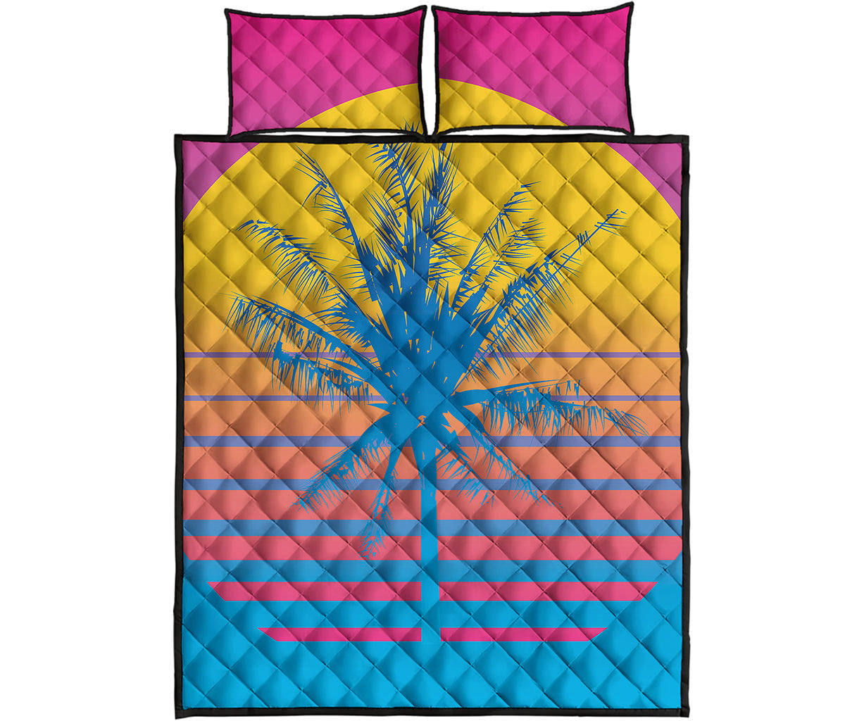 Retrowave Sunset Palm Tree Print Quilt Bed Set
