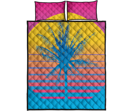 Retrowave Sunset Palm Tree Print Quilt Bed Set