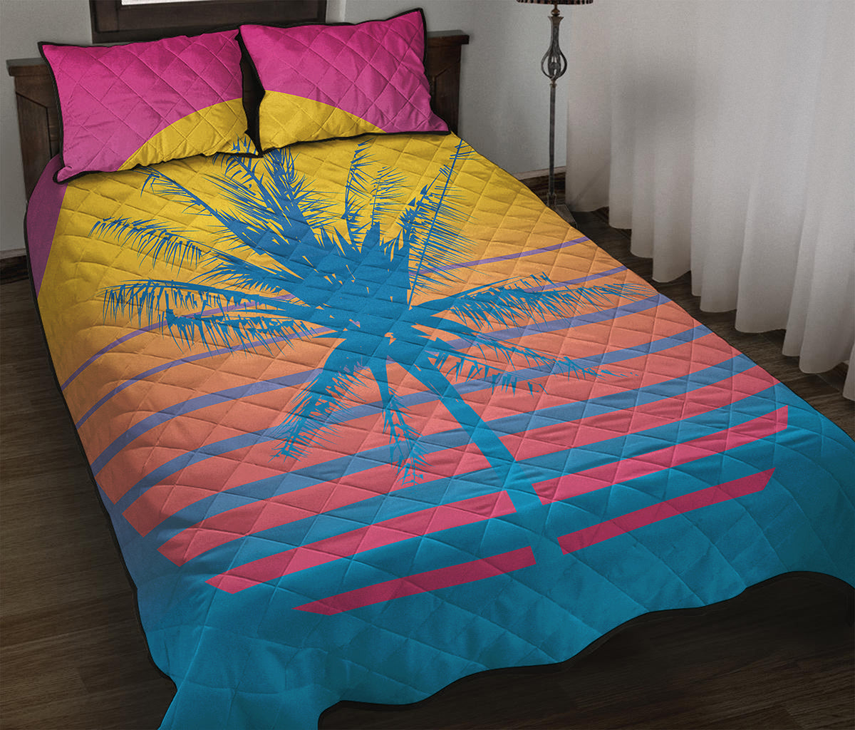 Retrowave Sunset Palm Tree Print Quilt Bed Set