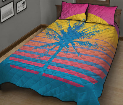 Retrowave Sunset Palm Tree Print Quilt Bed Set