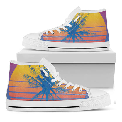 Retrowave Sunset Palm Tree Print White High Top Shoes