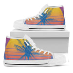 Retrowave Sunset Palm Tree Print White High Top Shoes