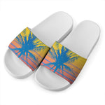 Retrowave Sunset Palm Tree Print White Slide Sandals