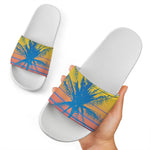 Retrowave Sunset Palm Tree Print White Slide Sandals