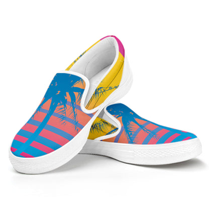 Retrowave Sunset Palm Tree Print White Slip On Shoes