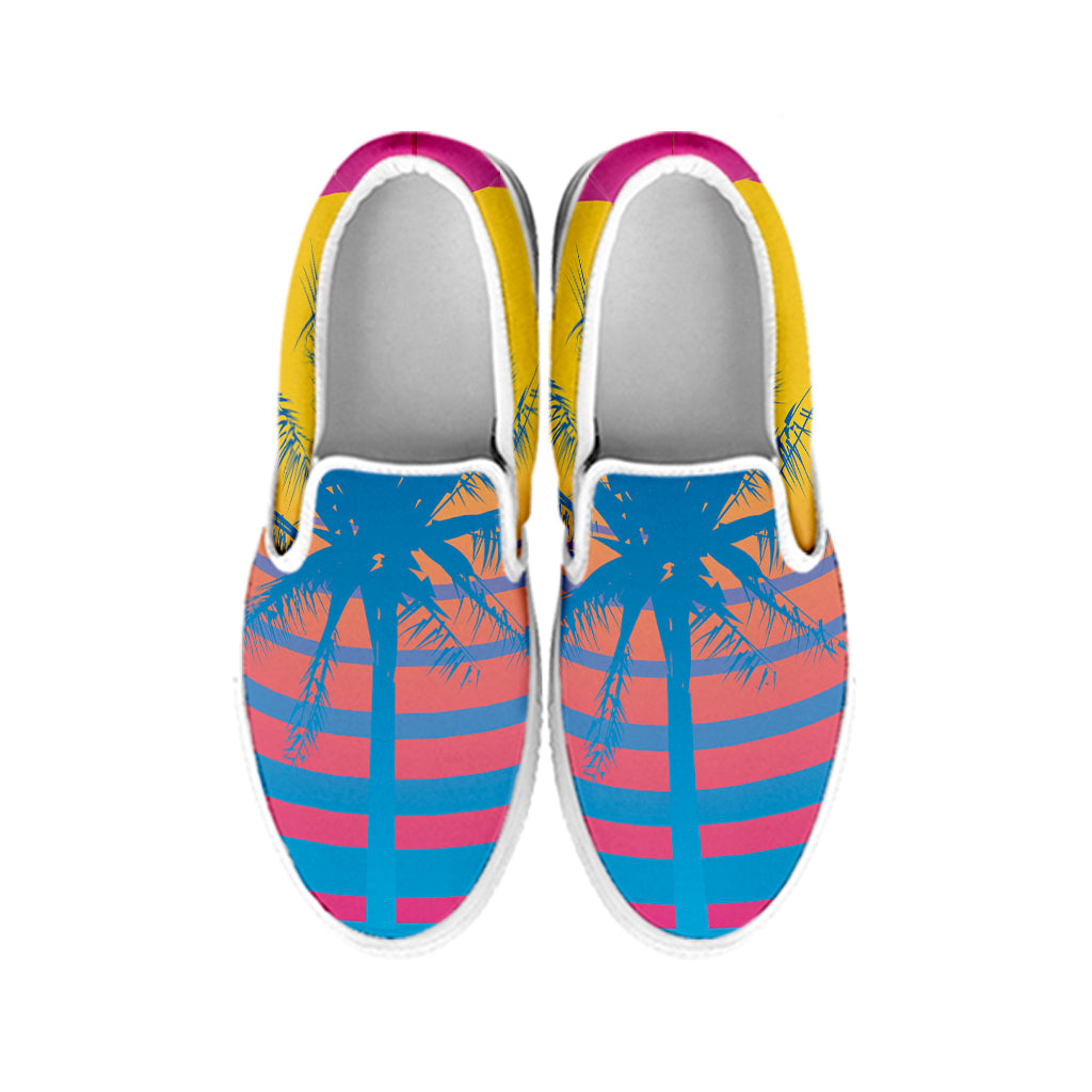 Retrowave Sunset Palm Tree Print White Slip On Shoes