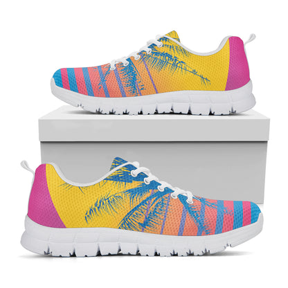 Retrowave Sunset Palm Tree Print White Sneakers