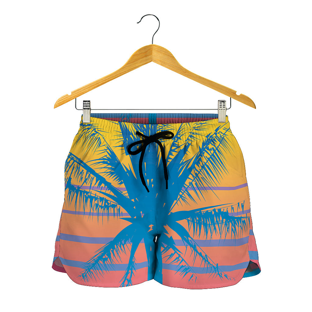 Retrowave Sunset Palm Tree Print Women's Shorts