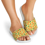 Ripe Apricot Fruit Pattern Print White Slide Sandals