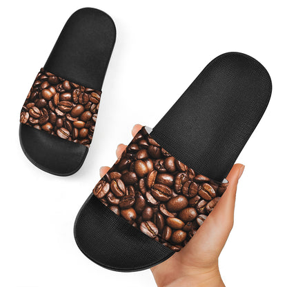 Roasted Coffee Bean Print Black Slide Sandals
