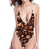 Roasted Coffee Bean Print One Piece High Cut Swimsuit
