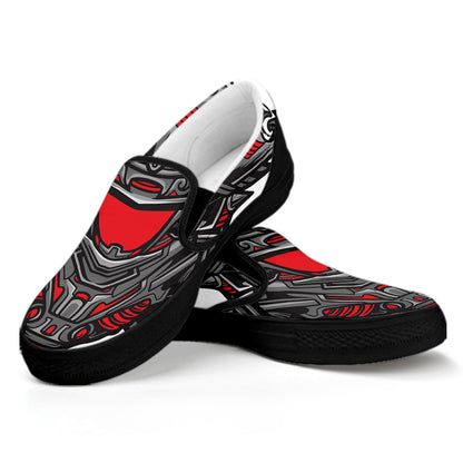Robot Samurai Mask Print Black Slip On Shoes