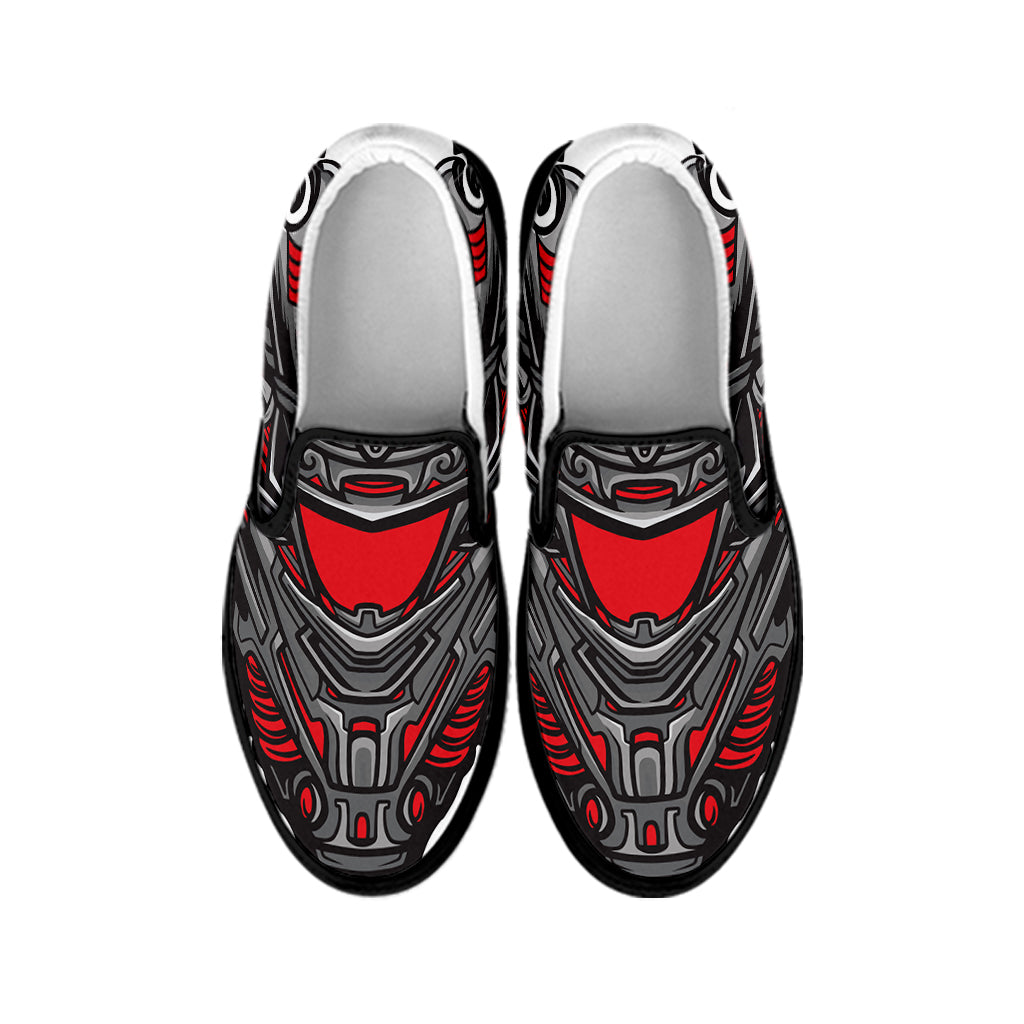 Robot Samurai Mask Print Black Slip On Shoes