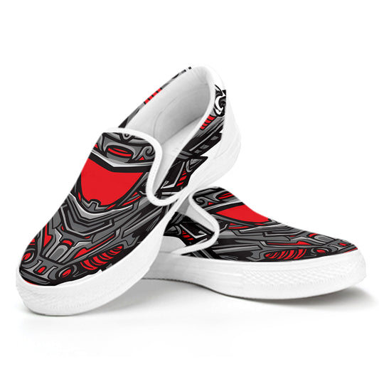Robot Samurai Mask Print White Slip On Shoes