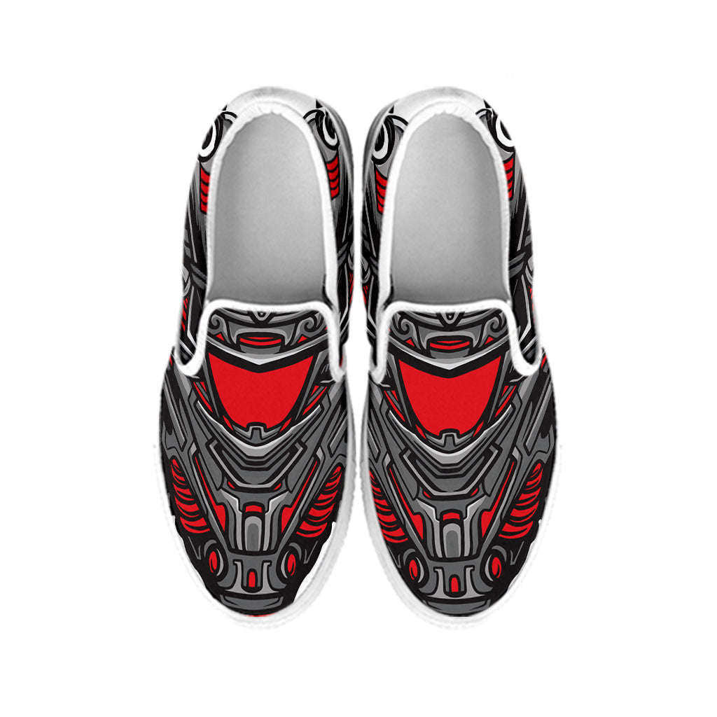 Robot Samurai Mask Print White Slip On Shoes
