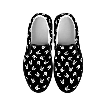 Rock And Roll Hand Sign Pattern Print Black Slip On Shoes