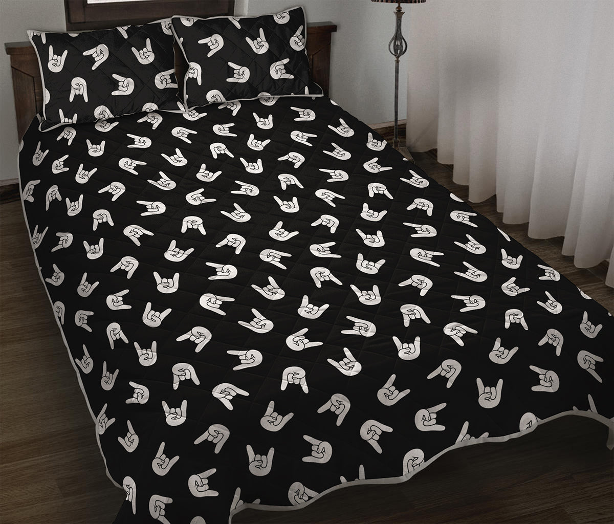 Rock And Roll Hand Sign Pattern Print Quilt Bed Set