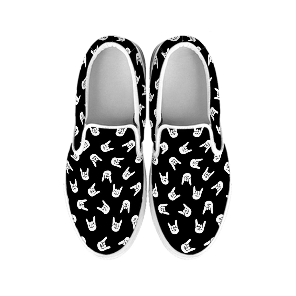 Rock And Roll Hand Sign Pattern Print White Slip On Shoes