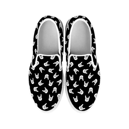 Rock And Roll Hand Sign Pattern Print White Slip On Shoes