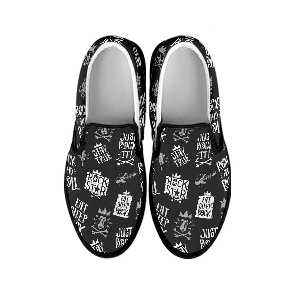 Rock And Roll Music Pattern Print Black Slip On Shoes
