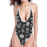 Rock And Roll Music Pattern Print One Piece High Cut Swimsuit
