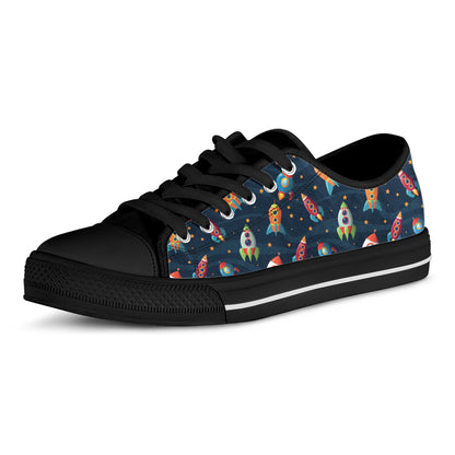Rockets And Stars Pattern Print Black Low Top Shoes