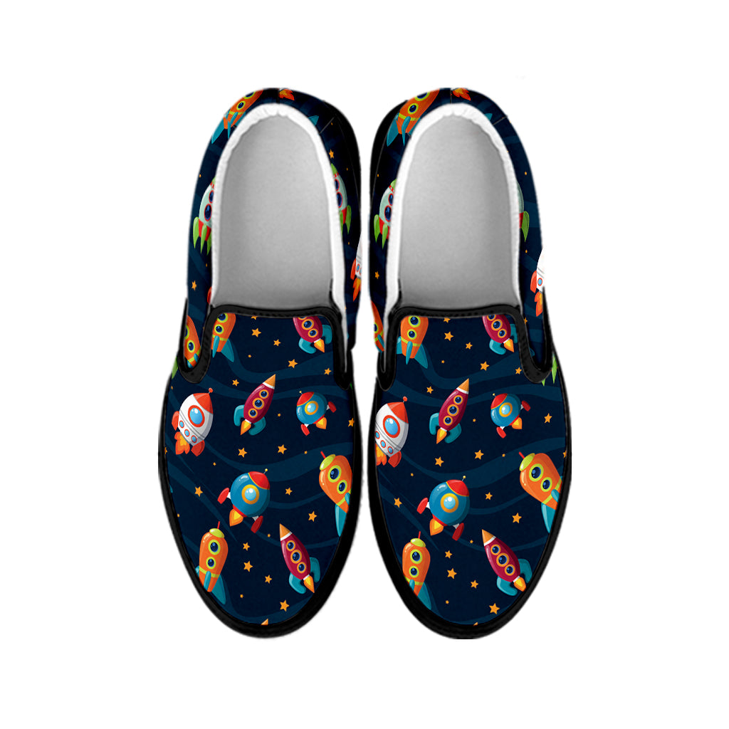 Rockets And Stars Pattern Print Black Slip On Shoes