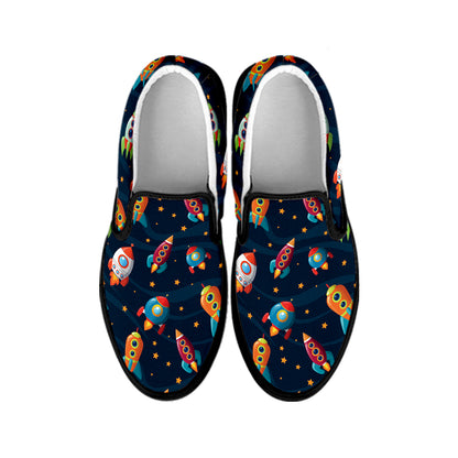 Rockets And Stars Pattern Print Black Slip On Shoes