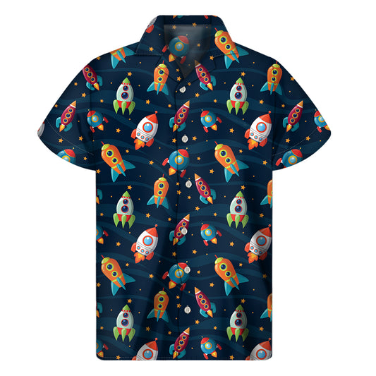 Rockets And Stars Pattern Print Men's Short Sleeve Shirt