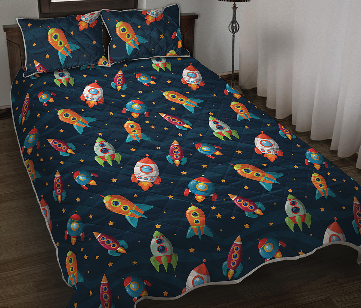 Rockets And Stars Pattern Print Quilt Bed Set