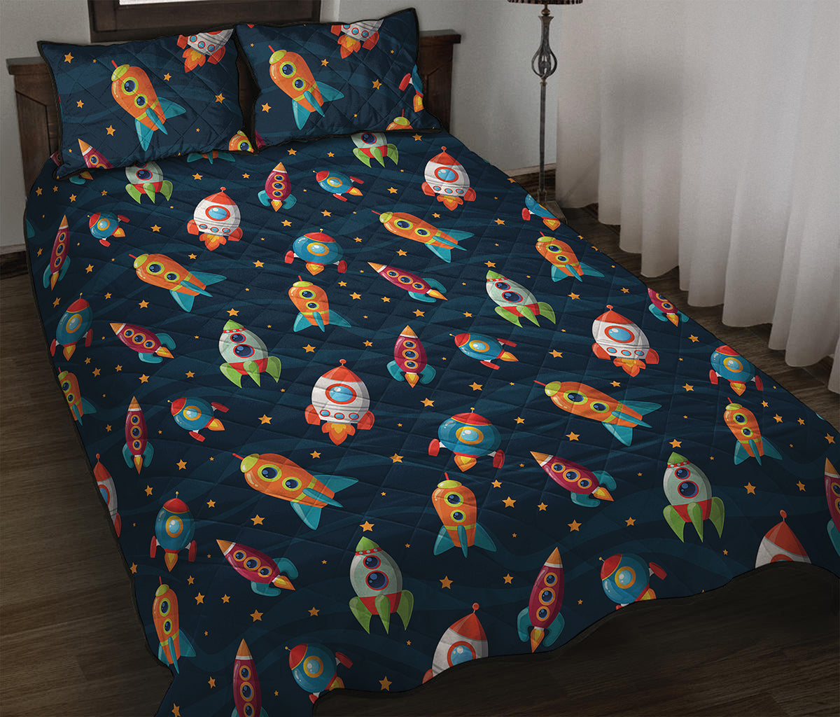 Rockets And Stars Pattern Print Quilt Bed Set