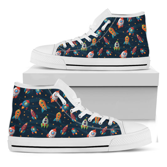Rockets And Stars Pattern Print White High Top Shoes