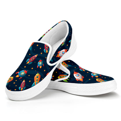 Rockets And Stars Pattern Print White Slip On Shoes