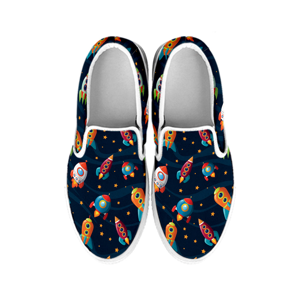Rockets And Stars Pattern Print White Slip On Shoes