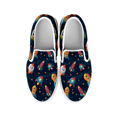 Rockets And Stars Pattern Print White Slip On Shoes